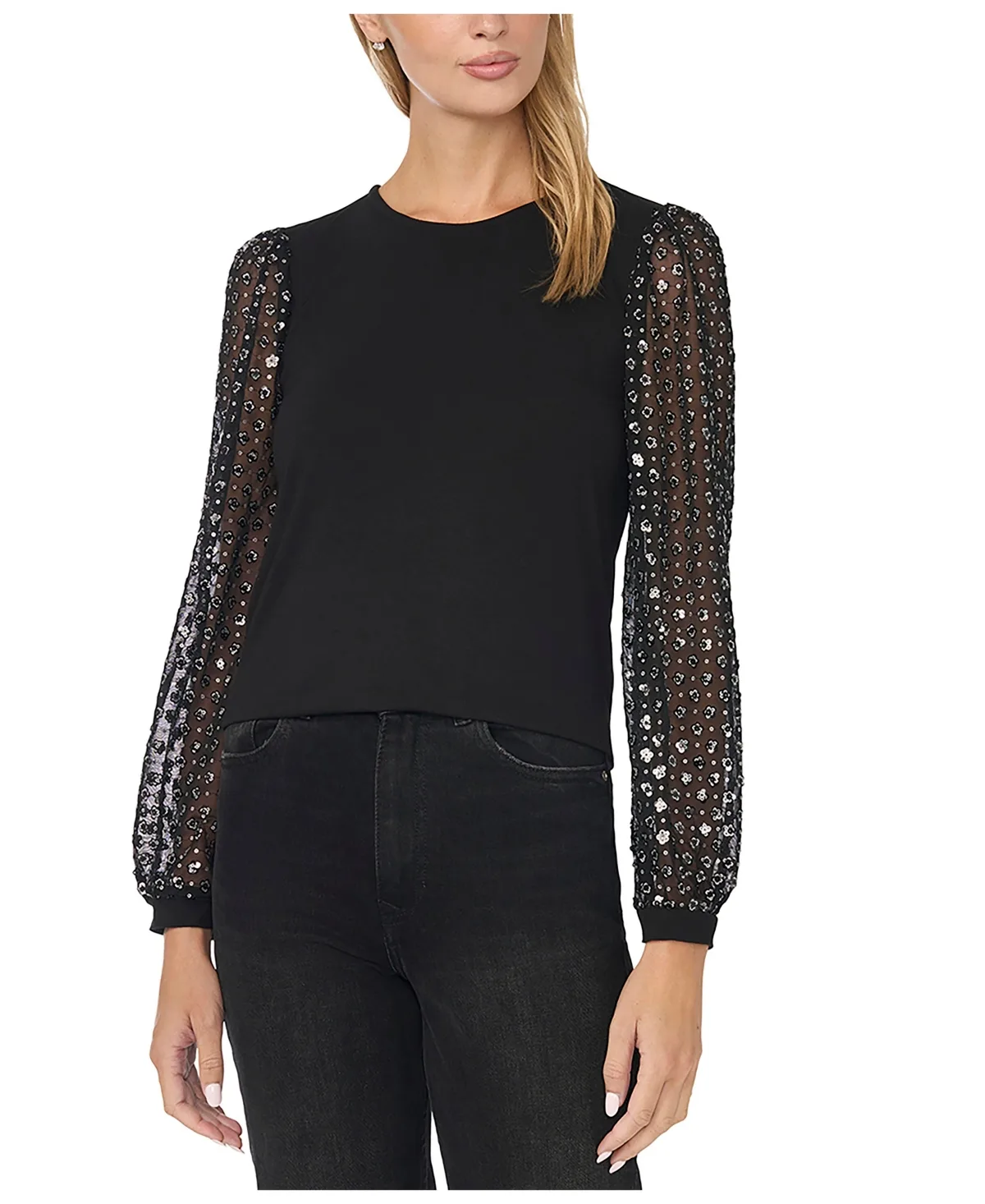 Mixed Media Sequin Puff-Sleeve Crewneck Blouse by CeCe