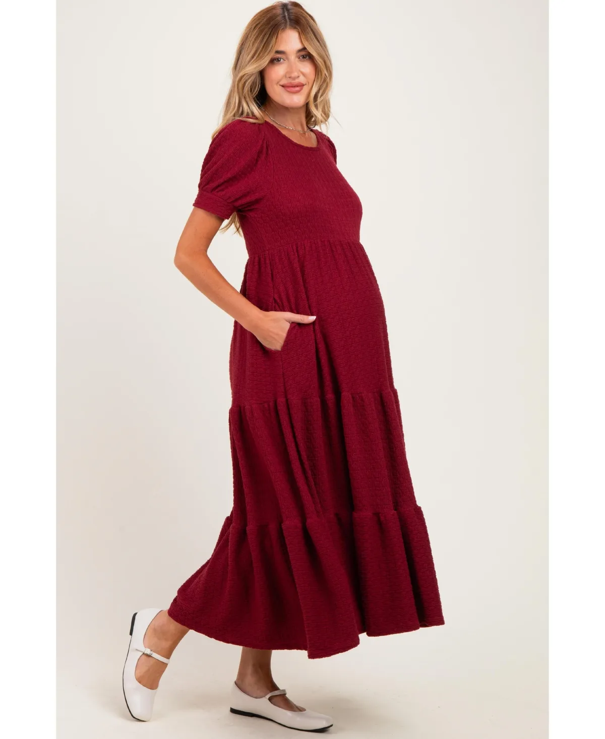 Solid Short Sleeve Tiered Maxi Dress by PinkBlush