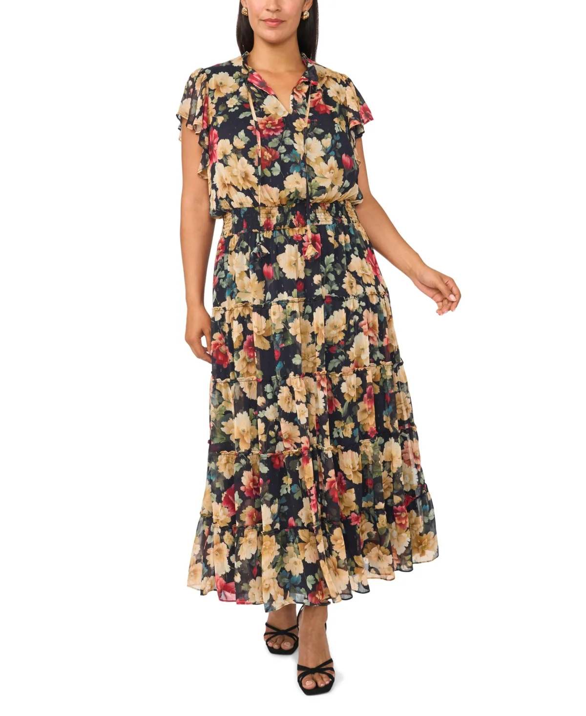 Floral-Print V-Neck Flutter-Sleeve Maxi Dress by Vince Camuto