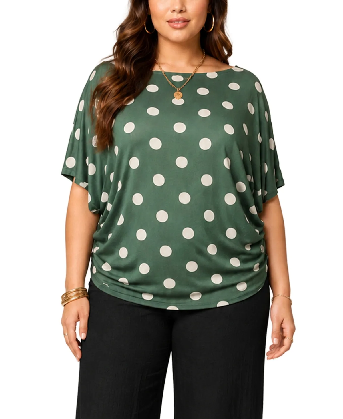 Polka-Dot Boatneck Batwing-Sleeve Blouse by Coin 1804