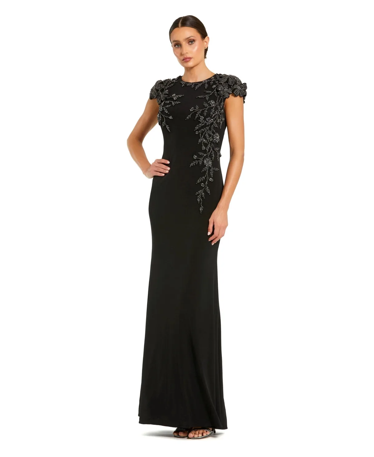 Mac Duggal Beaded Floral Cap Sleeve Column Gown