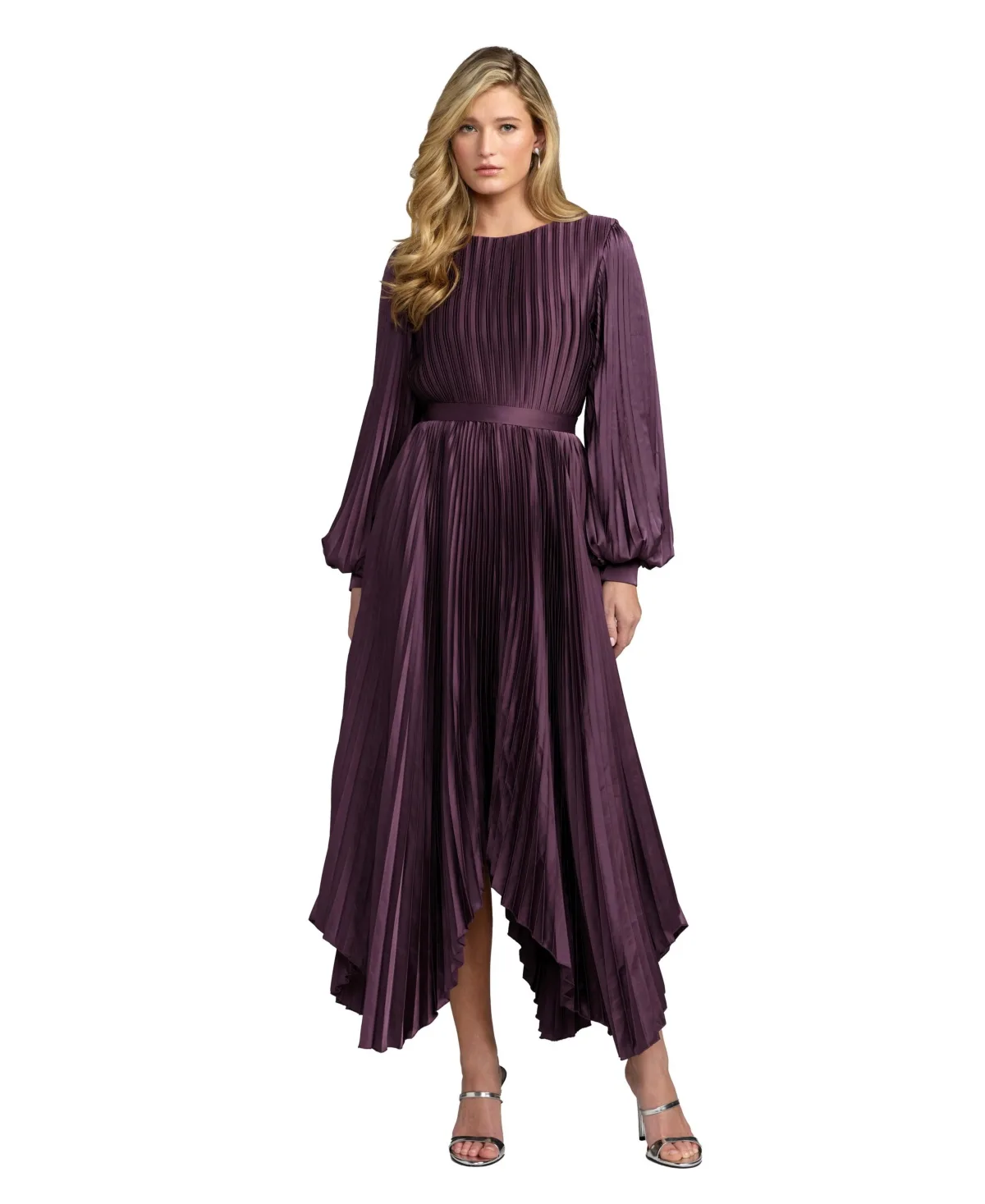 Mac Duggal Long Sleeve Pleated Charmeuse Handkerchief Midi Dress