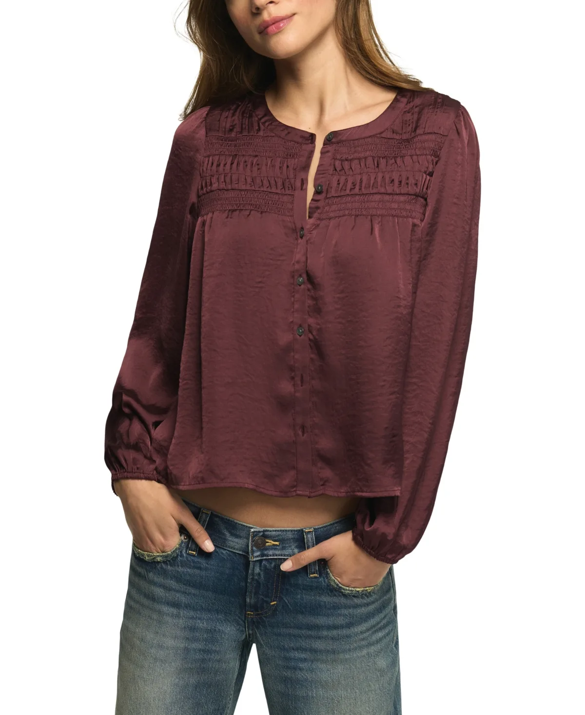 Long-Sleeve Satin Pintuck Blouse by Lucky Brand