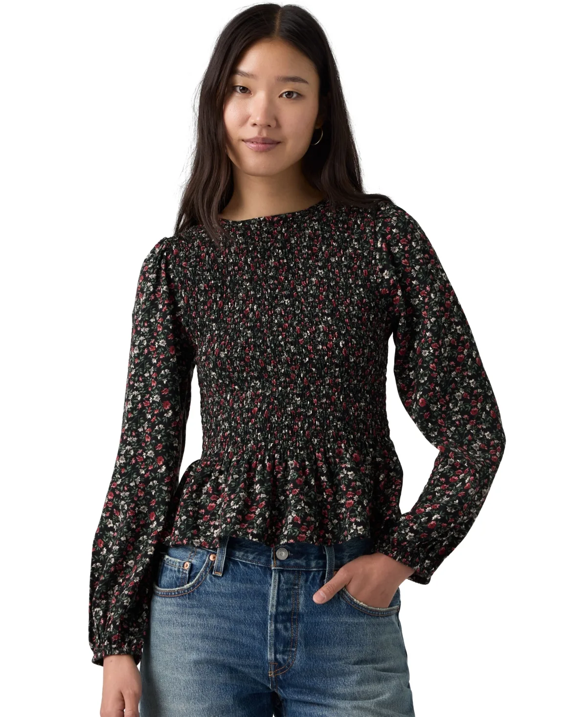 Ashton Long-Sleeve Peplum Smocked Blouse by Levi's