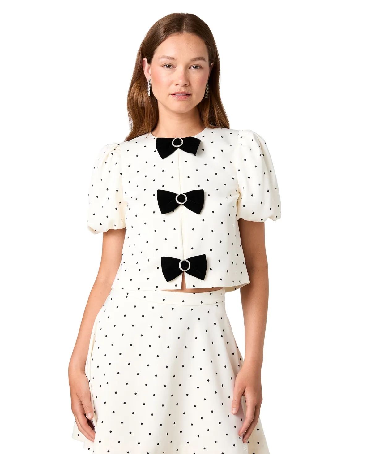 Maelys Polka-Dot Puff-Sleeve Velvet-Bow Blouse by French Connection
