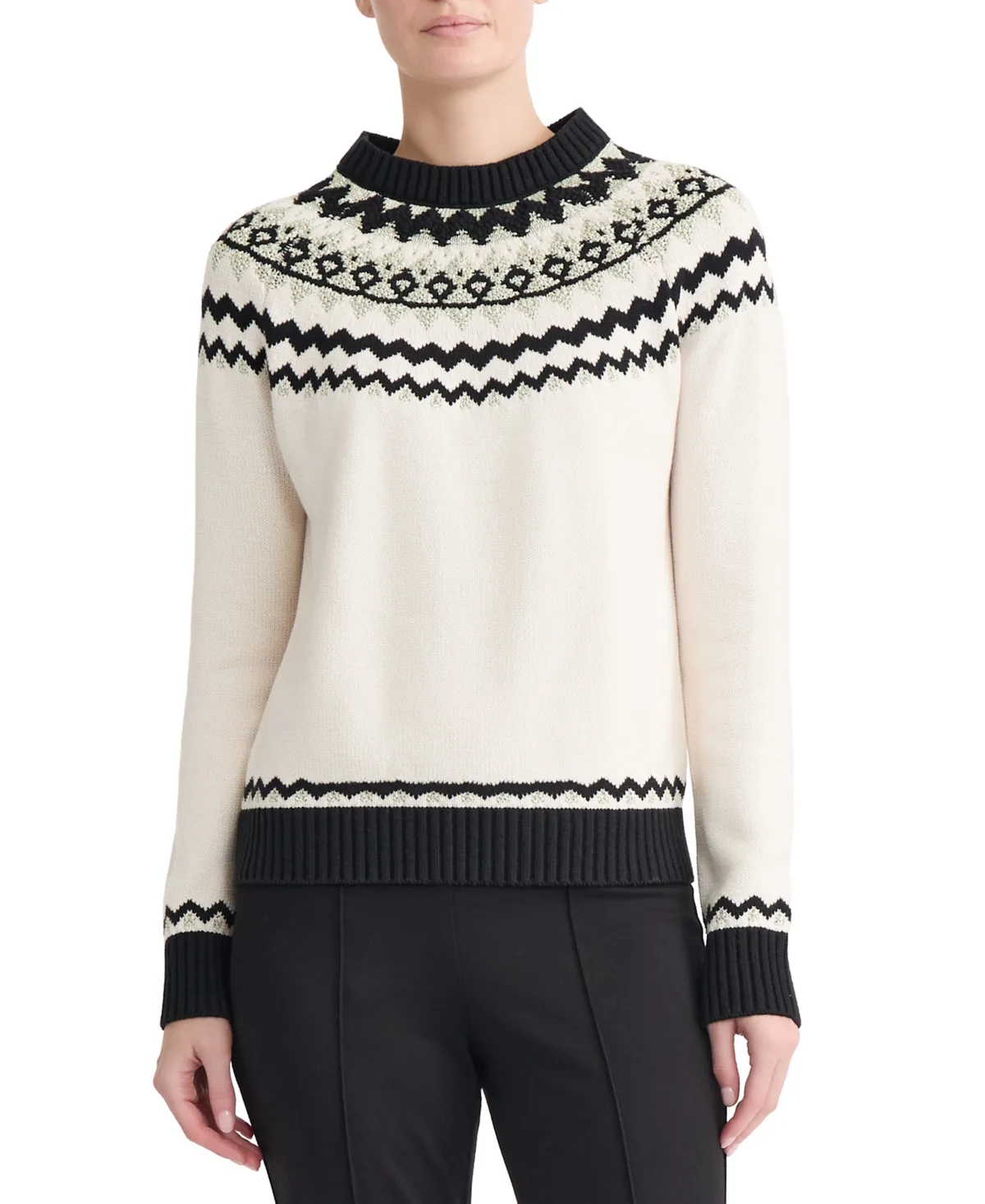 Three Color Placed Yoke Fair Isle Crew Neck Long-Sleeve Fitted Sweater by Jones New York