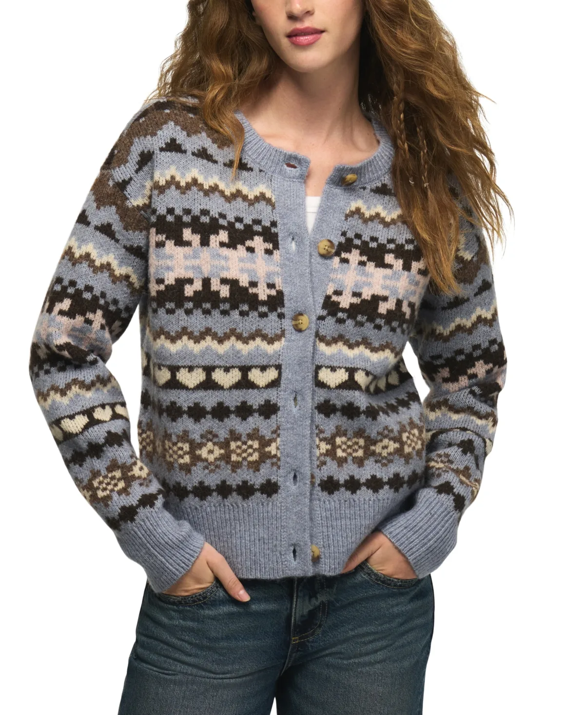Fair Isle Crew Neck Cardigan Sweater