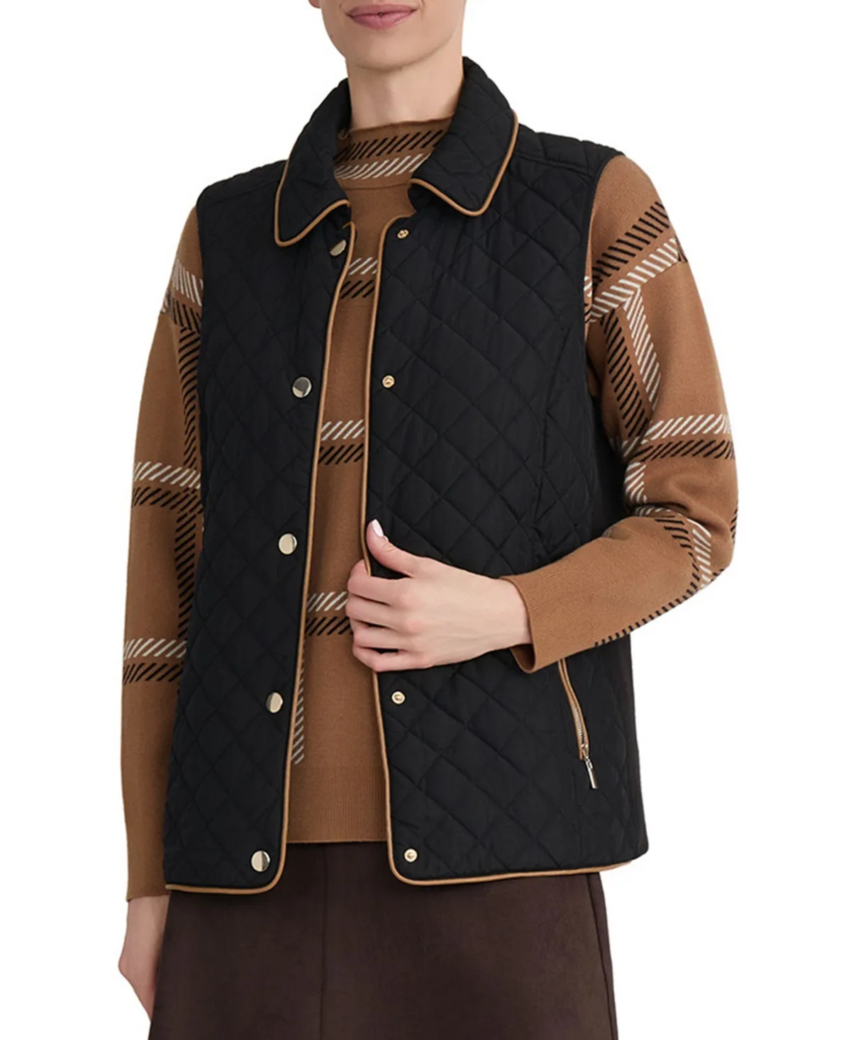 Quilted Faux Leather Piping Vest by Jones New York