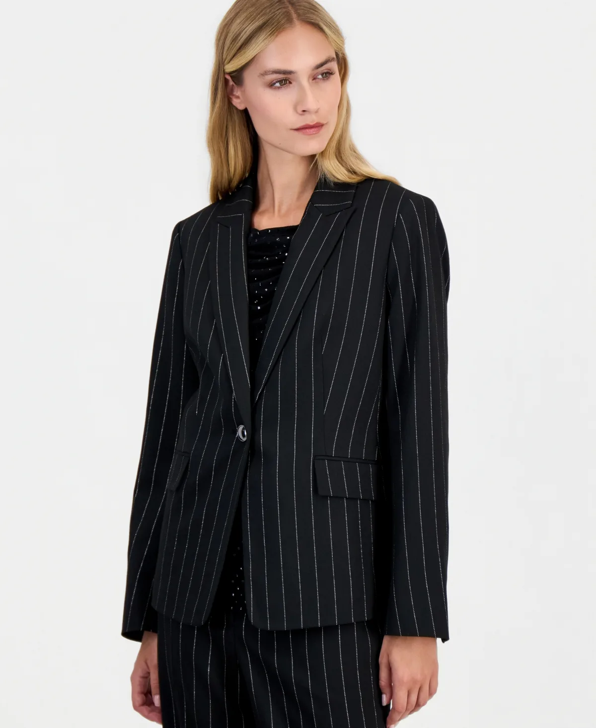 Pinstripe One Button Slant Pocket Blazer by Kasper