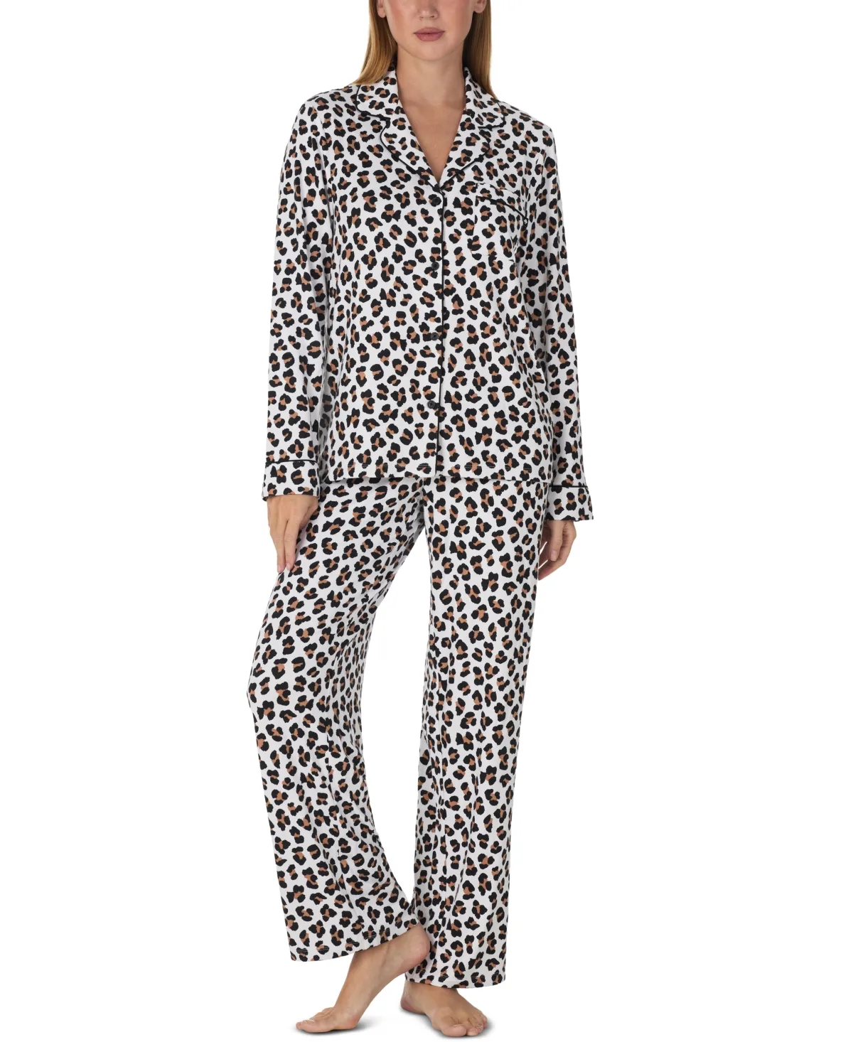 Long-Sleeve Notch Collar Brushed Jersey Top and Pants, 2-Piece Set