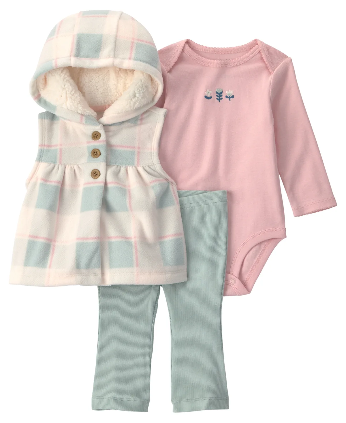 Sherpa-Lined Buffalo Check Hooded Vest, Bodysuit, and Flare Pants, 3-Piece Set by Carter's