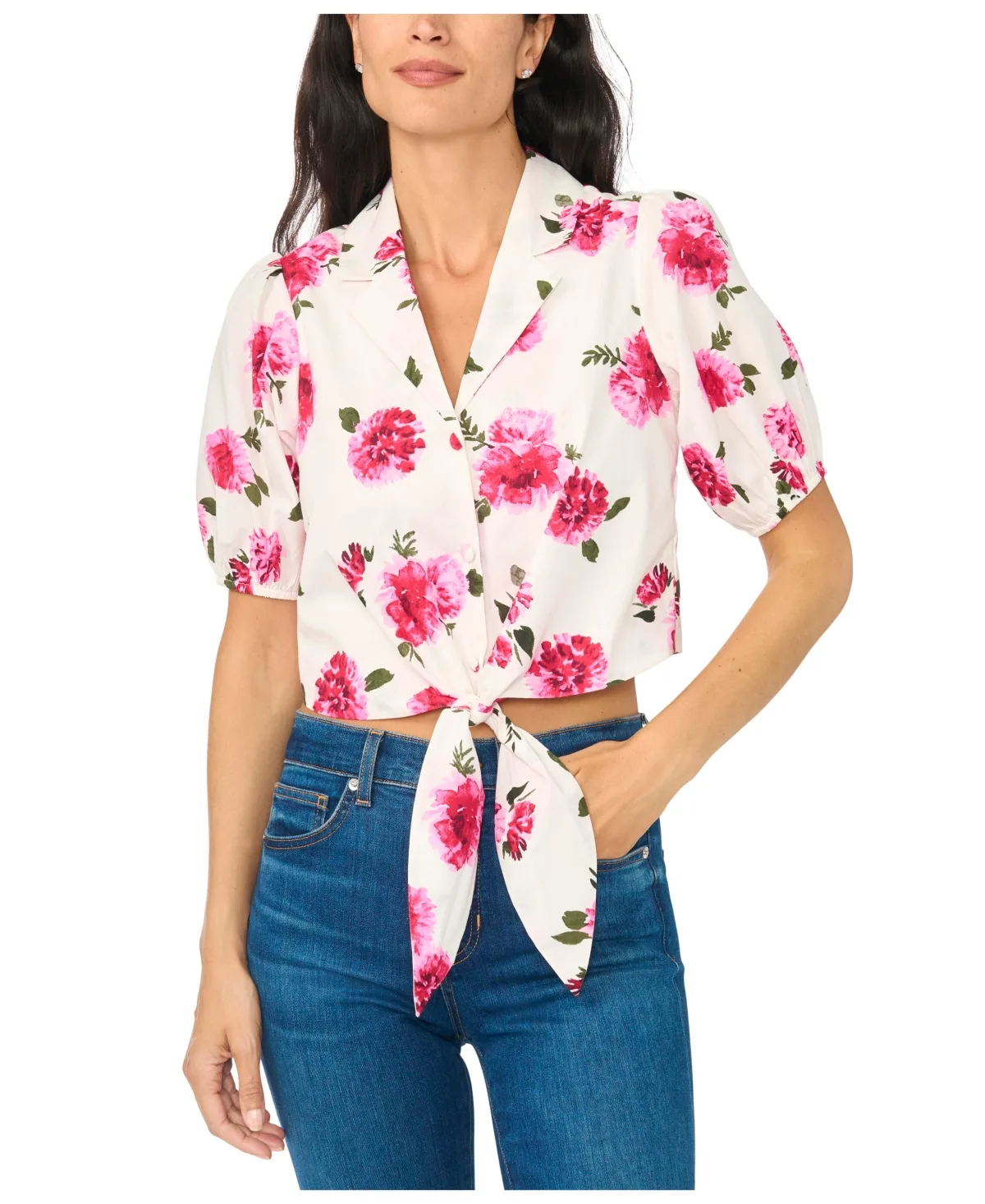 Tie Front Puff Sleeve Floral-Print Blouse by CeCe