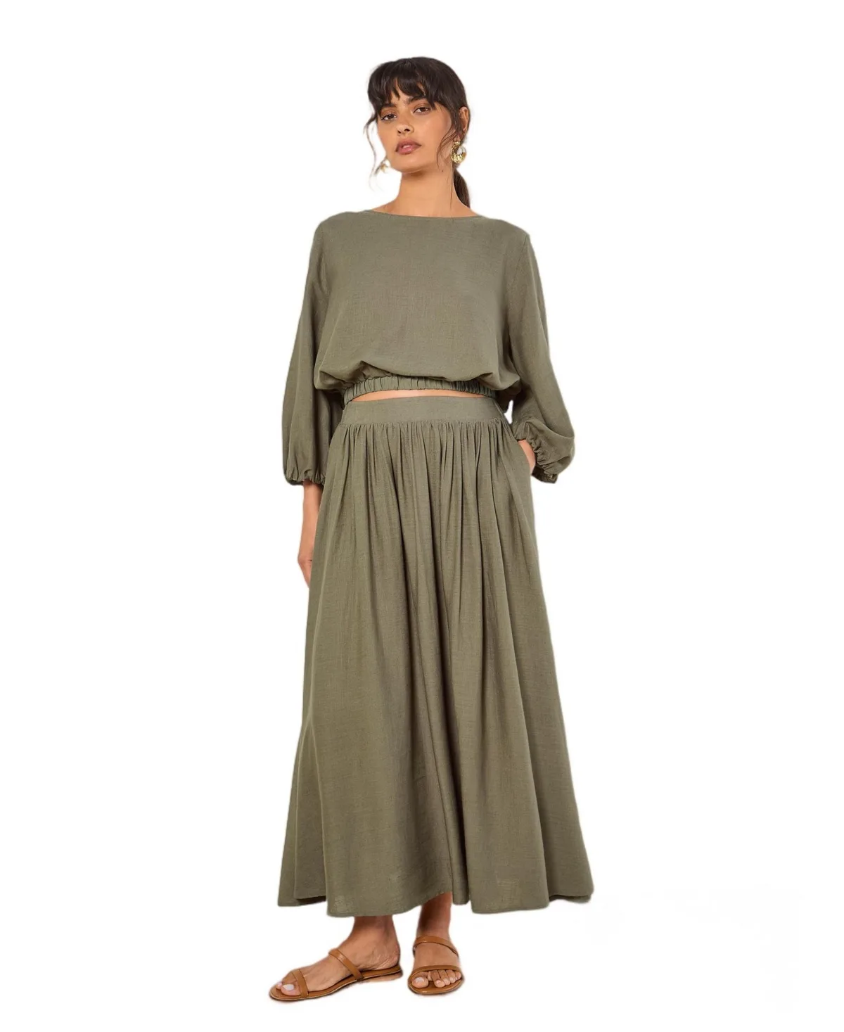 High-Waisted Pleated Linen-Blend Midi Skirt