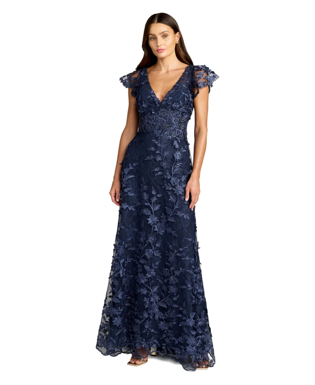 Mac Duggal Embroidered Applique Wrap Over Flutter Sleeve Gown by M.A.C.