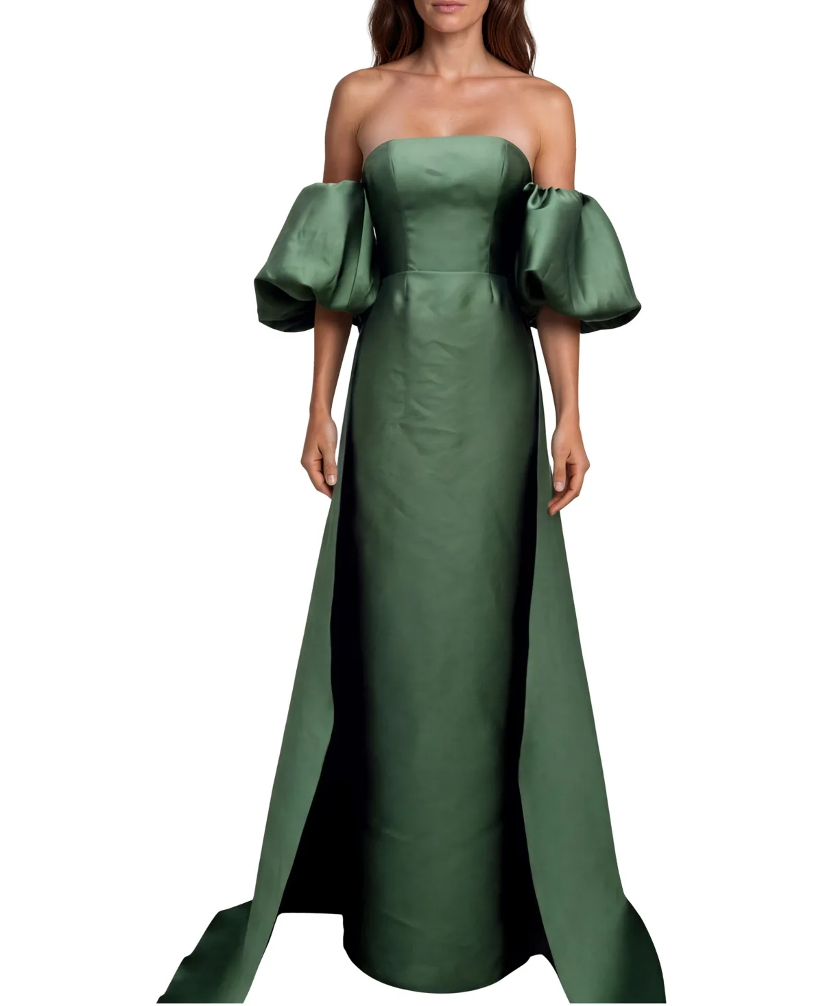 Off the Shoulder Mikado Puff Sleeve Column Gown with Back Train Panel