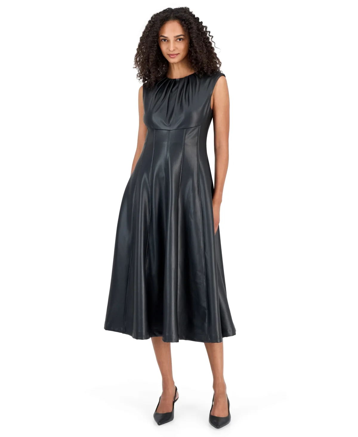 Pleated Neck A-Line Midi Faux Leather Dress