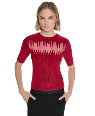 Ribbed Knit Sheer Panel Short Sleeve Sweater by DKNY