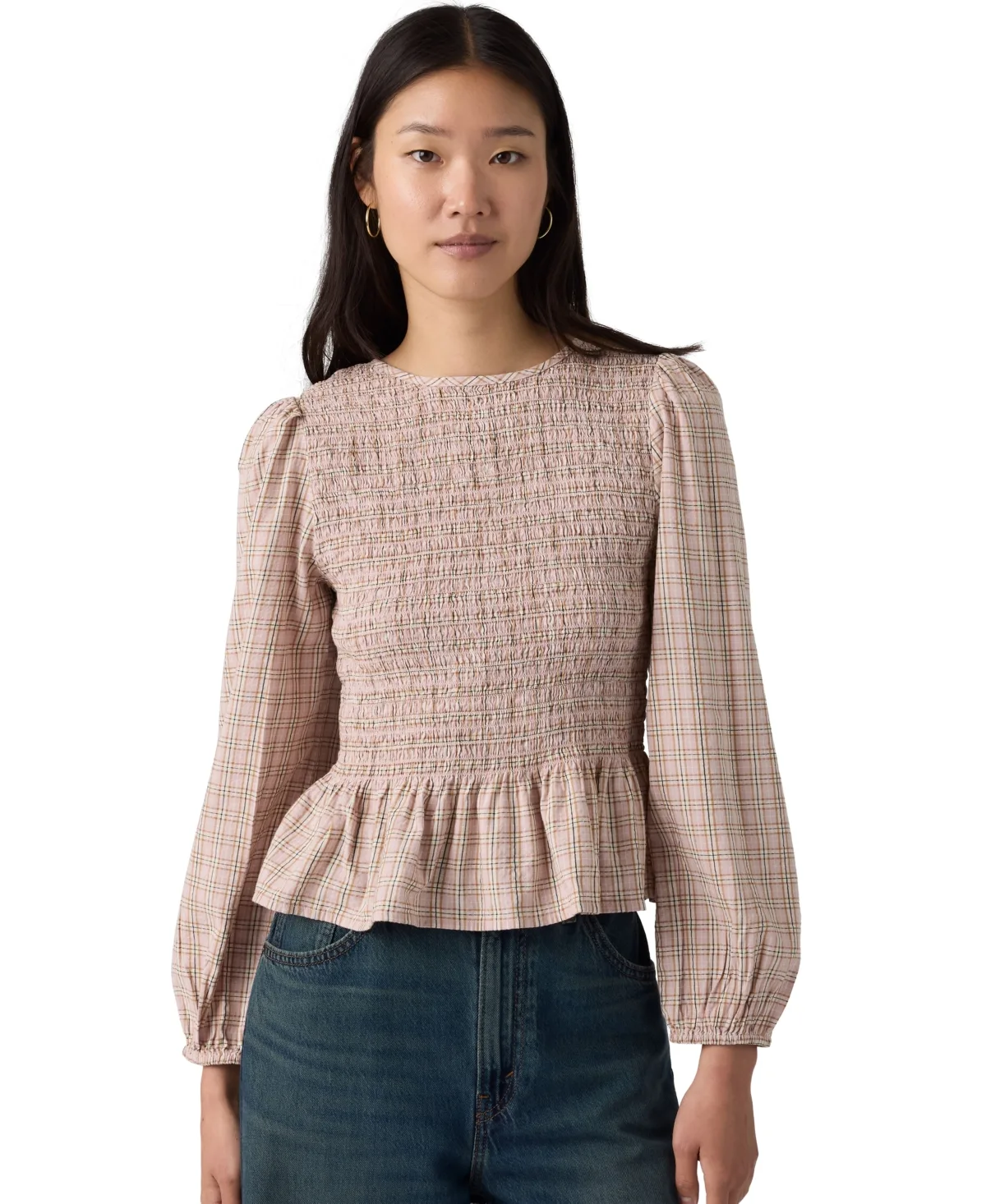 Ashton Long-Sleeve Peplum Smocked Blouse