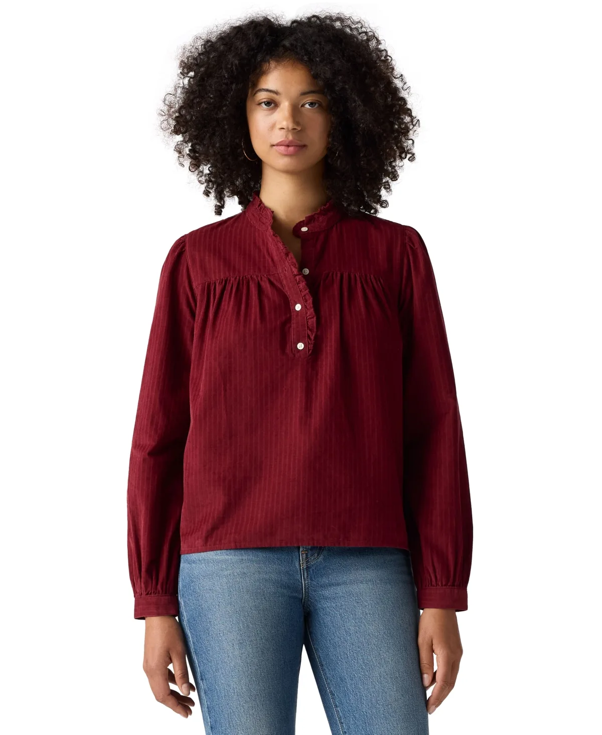 Perla Long-Sleeve High-Neck Button-Front Corduroy Blouse by Levi's