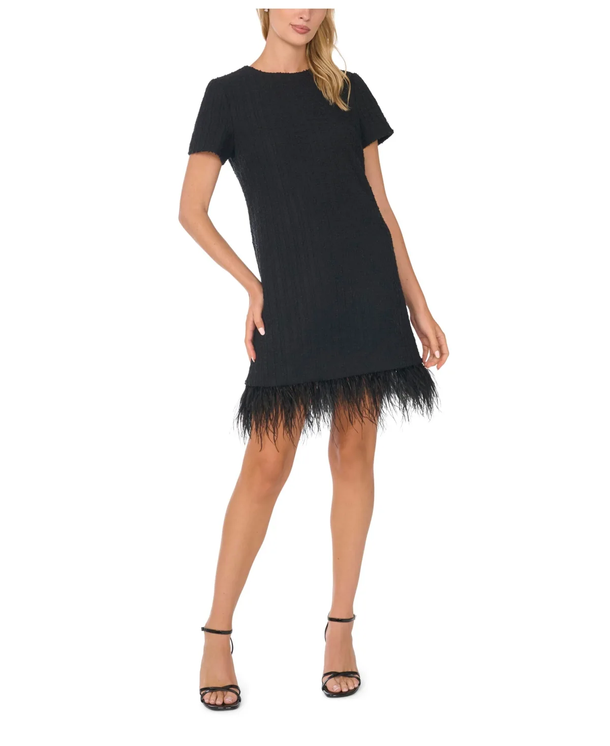 Crewneck Short-Sleeve Feather-Trim Dress by CeCe