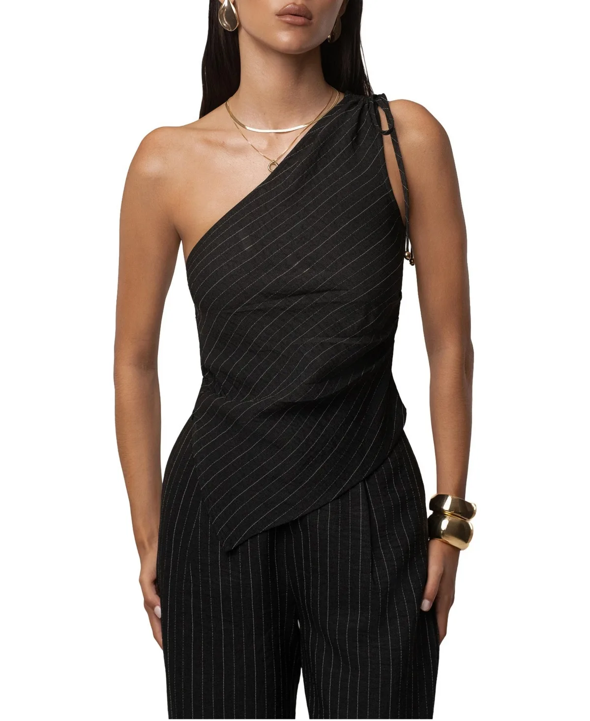 Ocean Line Pinstripe Asymmetric-Hem One-Shoulder Top by Jluxlabel
