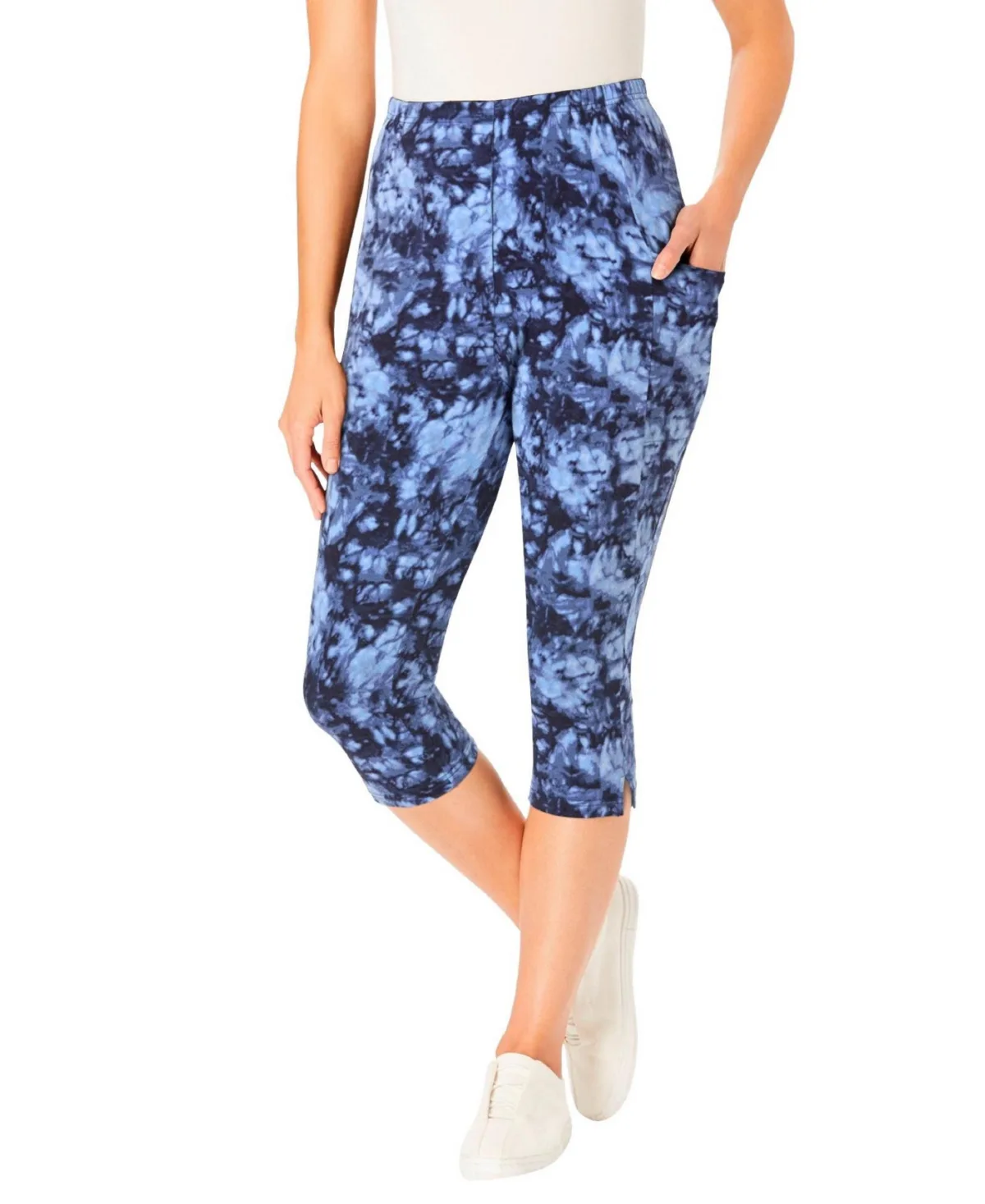 Stretch-Cotton Knit Pull-On Pocket Capri Leggings by Woman Within