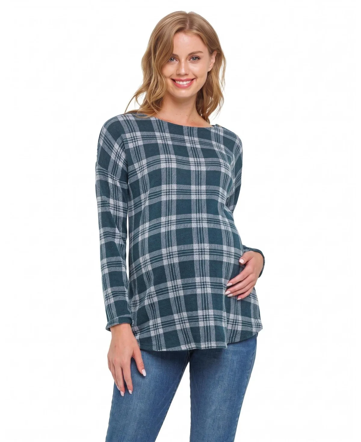 Maternity Plaid Boat-Neck Long-Sleeve Top by Hello Miz