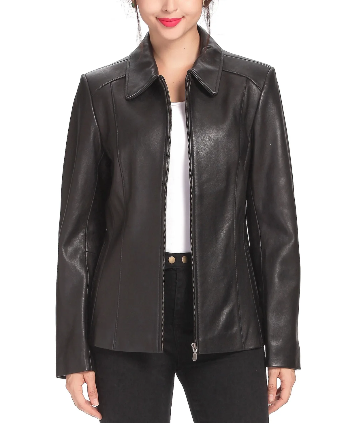 Tara Shirt Collar Zip-Front Leather Jacket