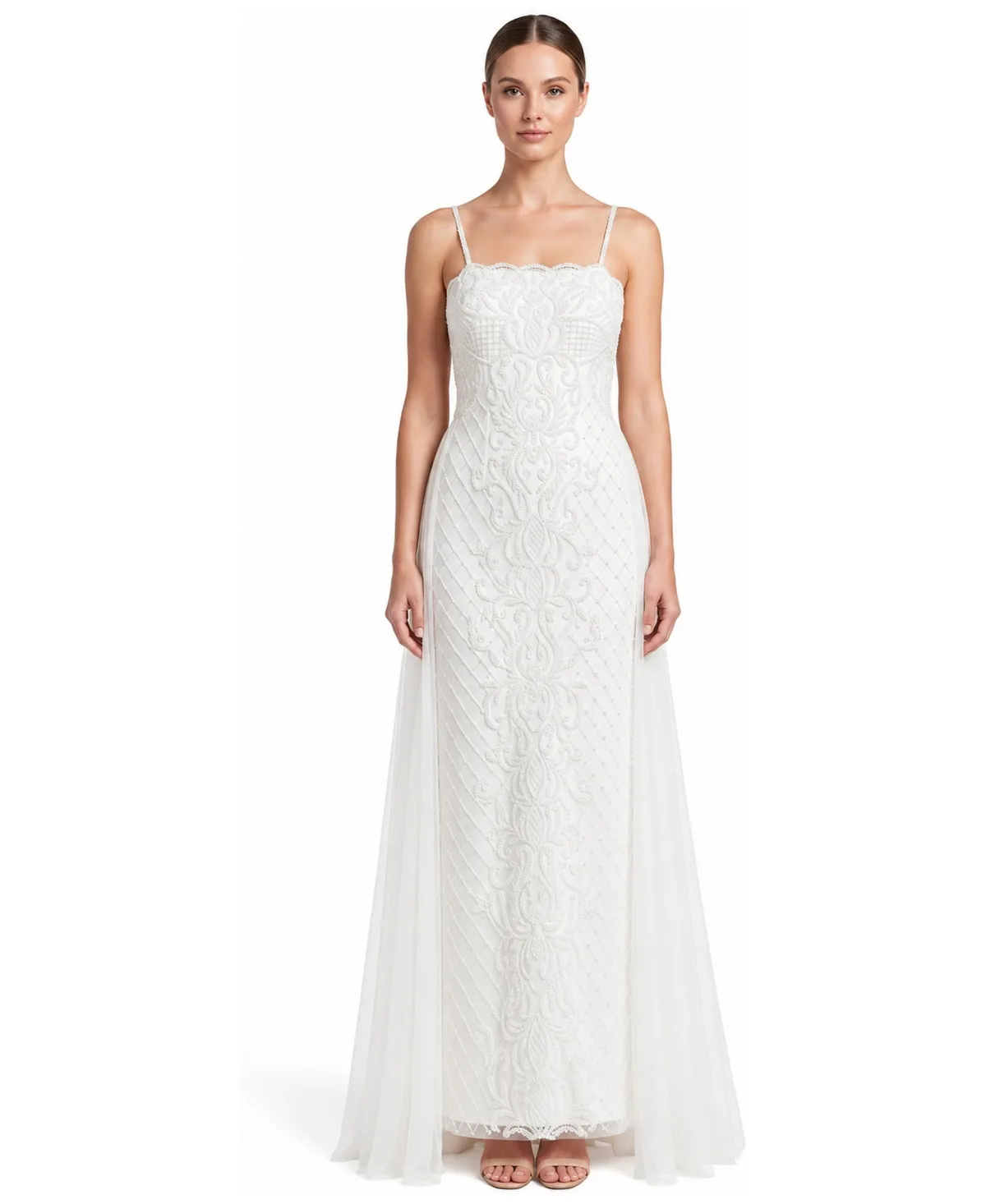 Beaded Spaghetti-Strap Sheath Gown by Lara