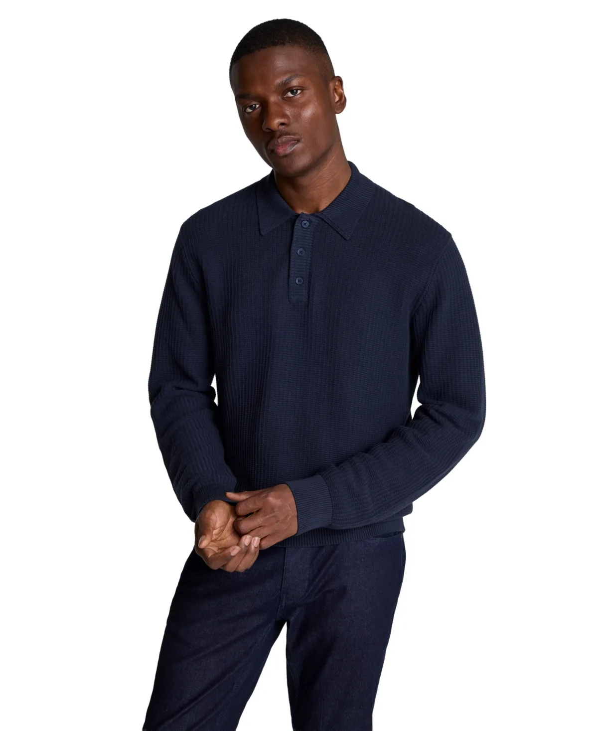 Long-Sleeve Textured Classic-Fit Polo by Kenneth Cole