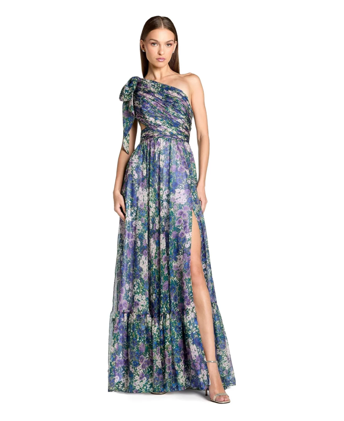 Mac Duggal One-Shoulder Floral Printed Chiffon Cutout Gown