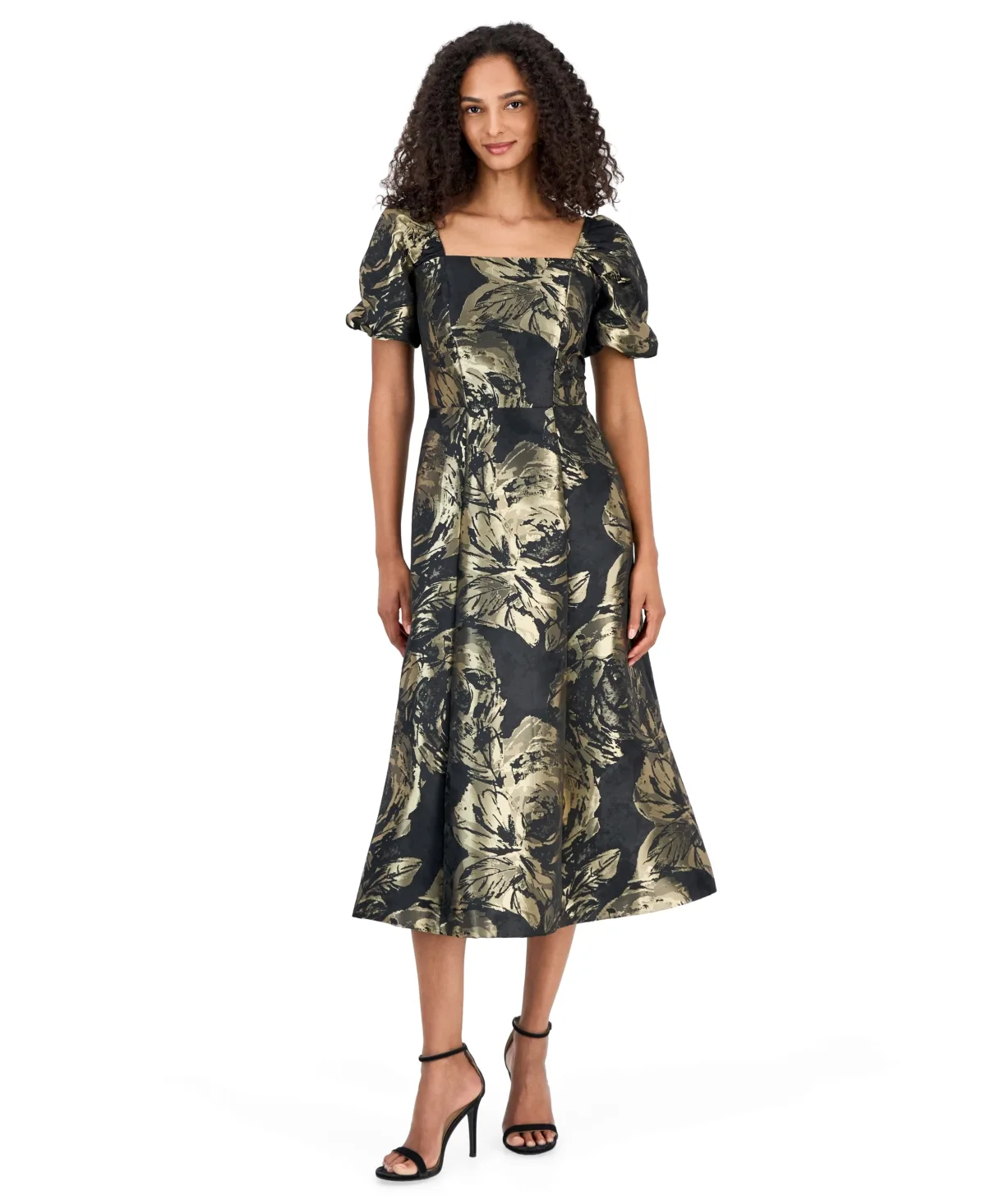 Square Neck Puff Sleeve Floral-Print Midi Dress by Anne Klein