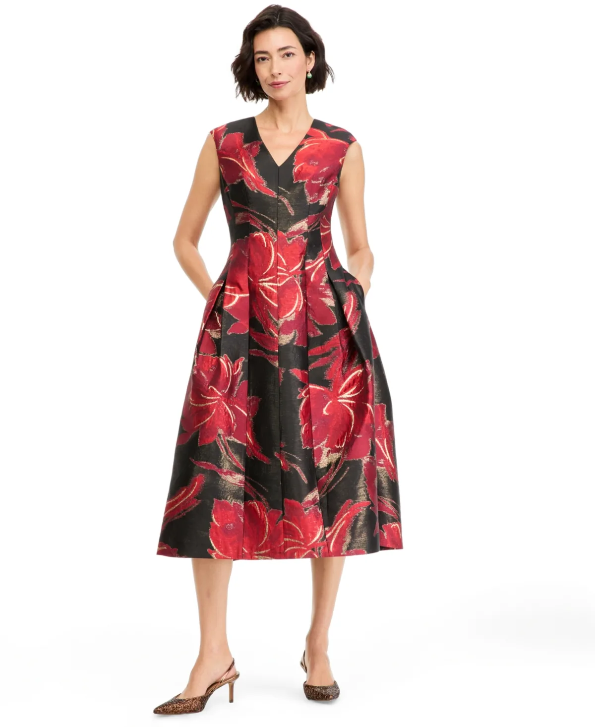 V-Neck Fit & Flare Floral Wedding Guest Lurex Midi Dress