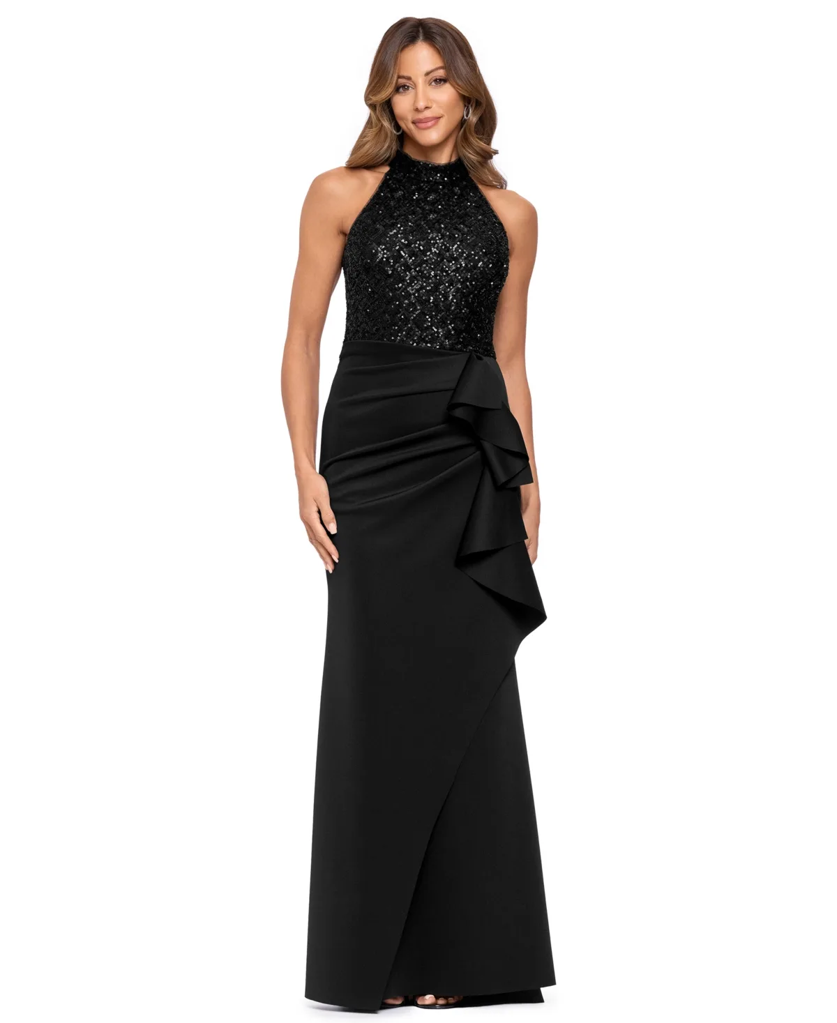 Mock Neck Sequin Ruffle Gown by Xscape