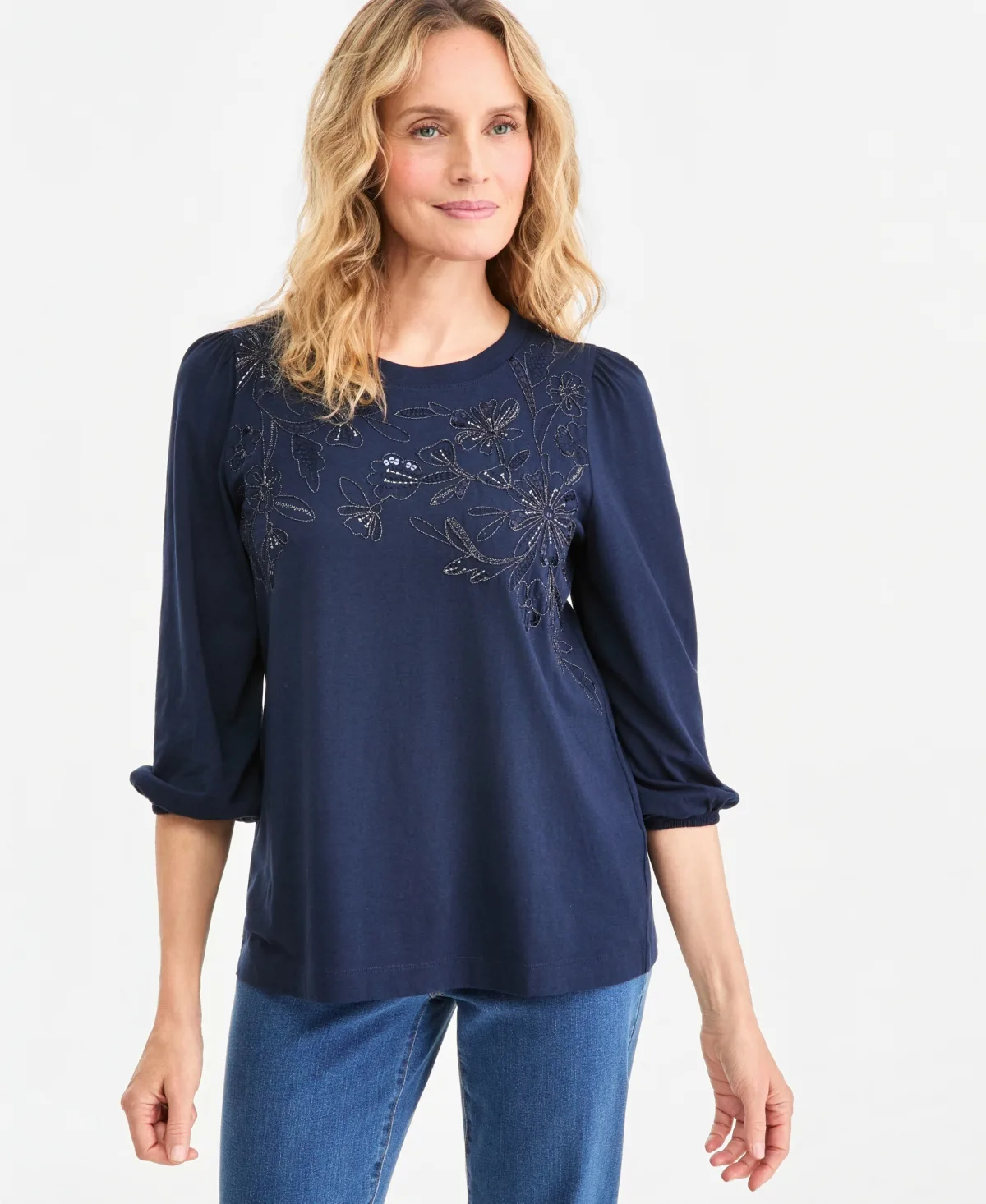 3/4-Sleeve Shine Embroidery Top by Style & Co