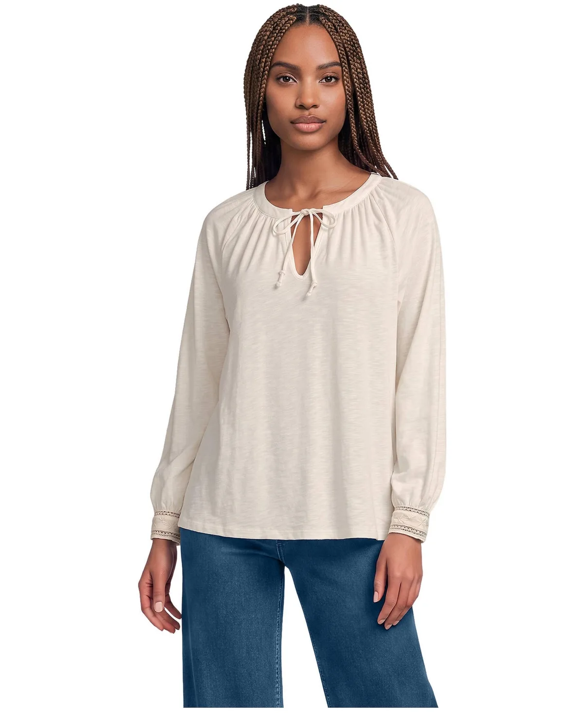 Long Sleeve Slub Jersey Embroidered Sleeve Blouse by Lands' End