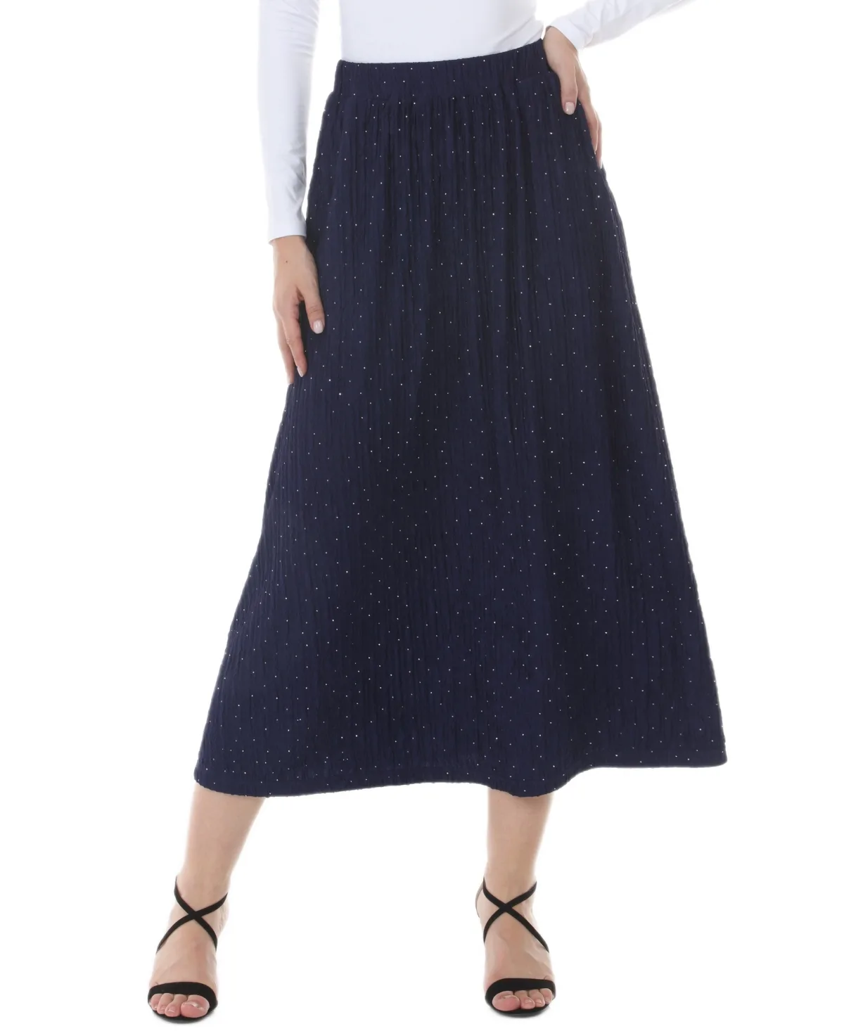 Rhinestone Embellish Midi High-Waisted Skirt by White Mark