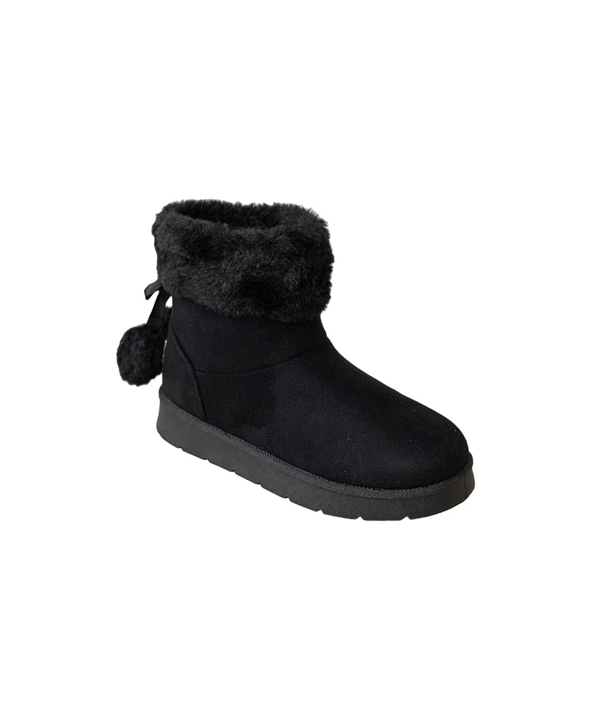 Cozy Faux-Fur Cuff Boot with Bow and Pom-Pom Accents by bebe