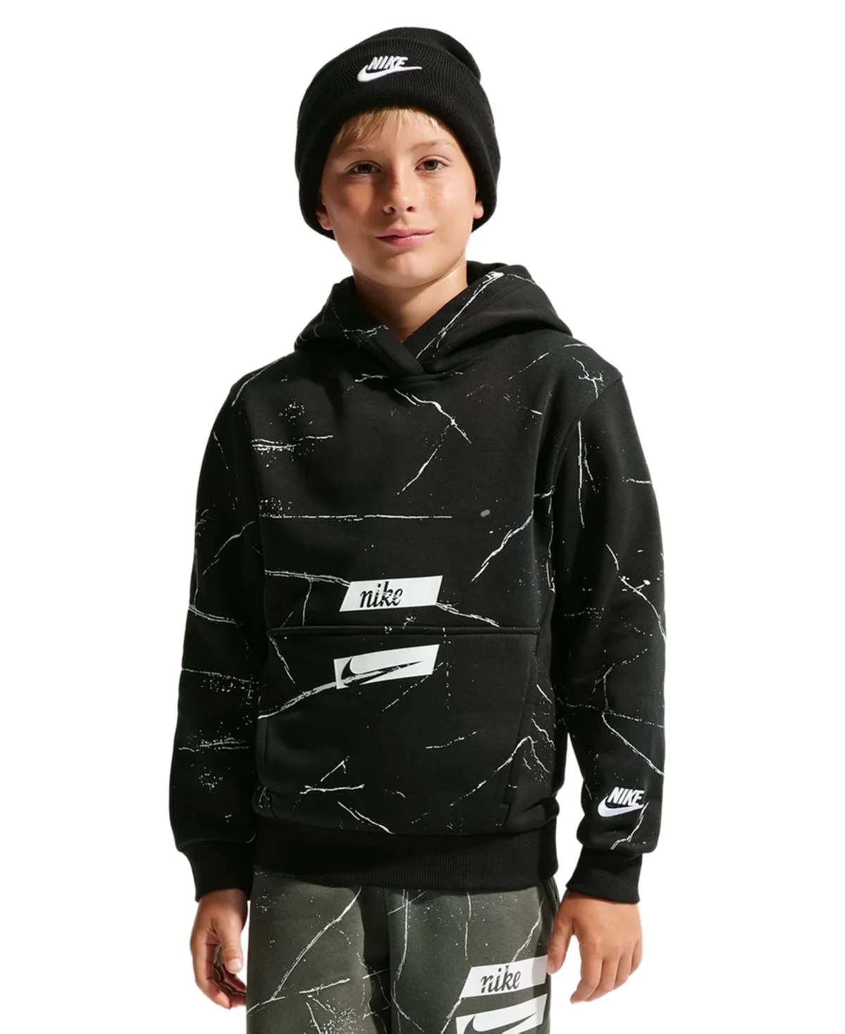 Sportswear Club Fleece Allover-Print Kangaroo Pocket Pullover Hoodie by Nike