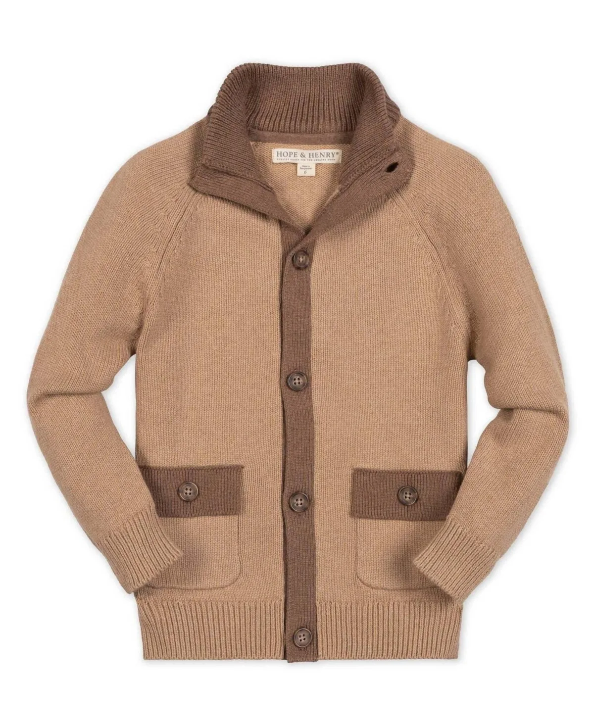 Mock-Neck Raglan-Sleeve Front-Pocket Cotton Cardigan by Hope & Henry