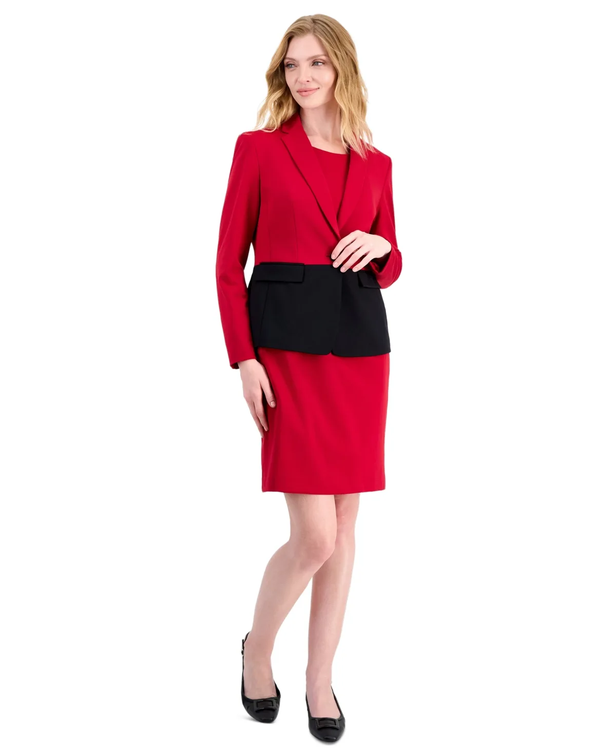 Colorblocked One Button Peplum Empire Seamed Jacket and Dress, 2-Piece Set by Le Suit
