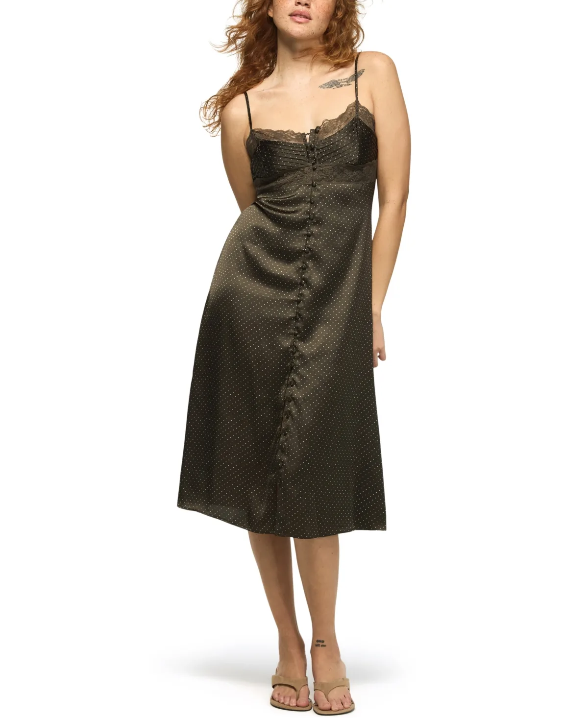 Simone Polka-Dot V-Neck Lace Slip Midi Dress by Lucky Brand