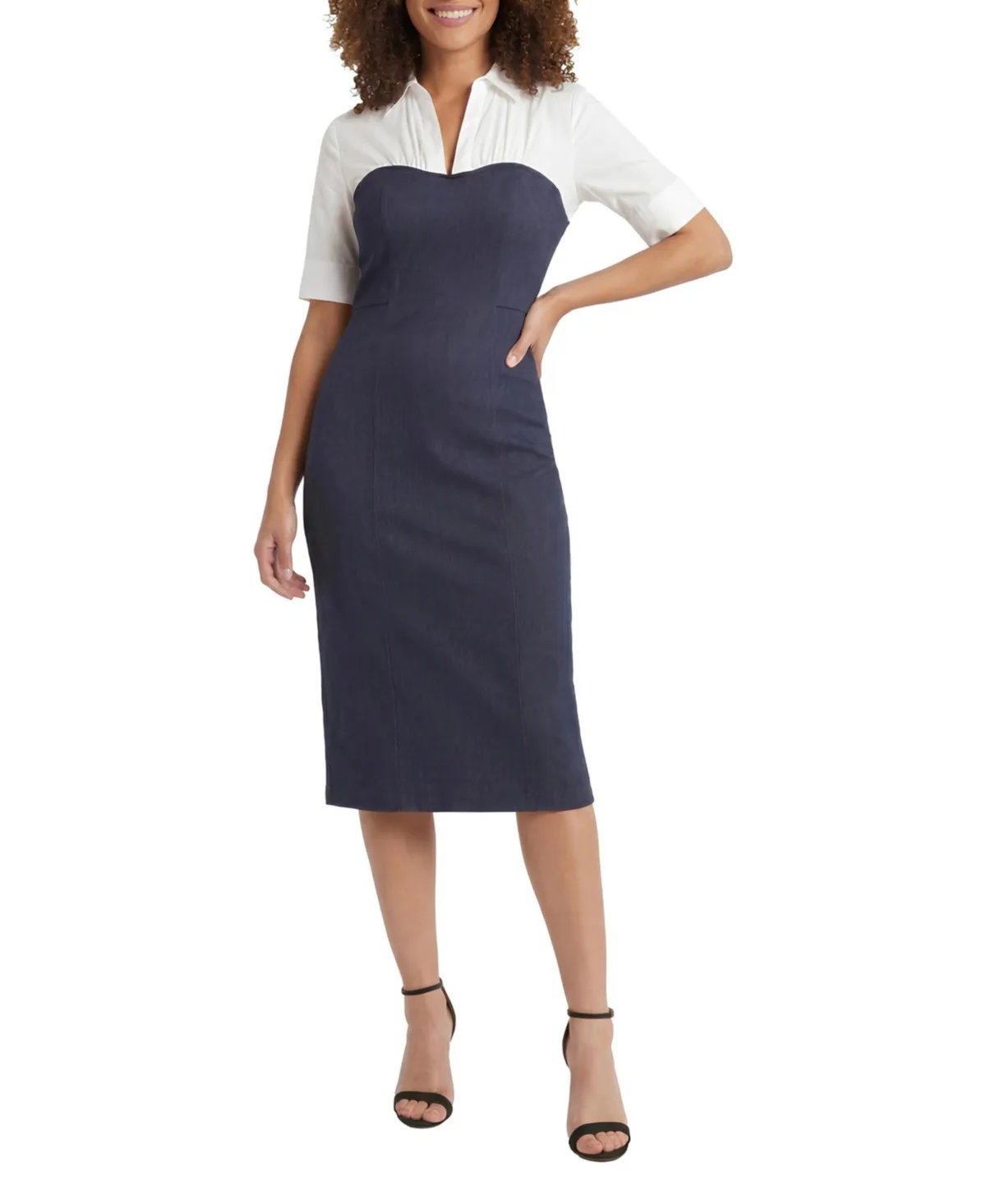 Mixed Media Short-Sleeve Midi Sheath Dress by London Times