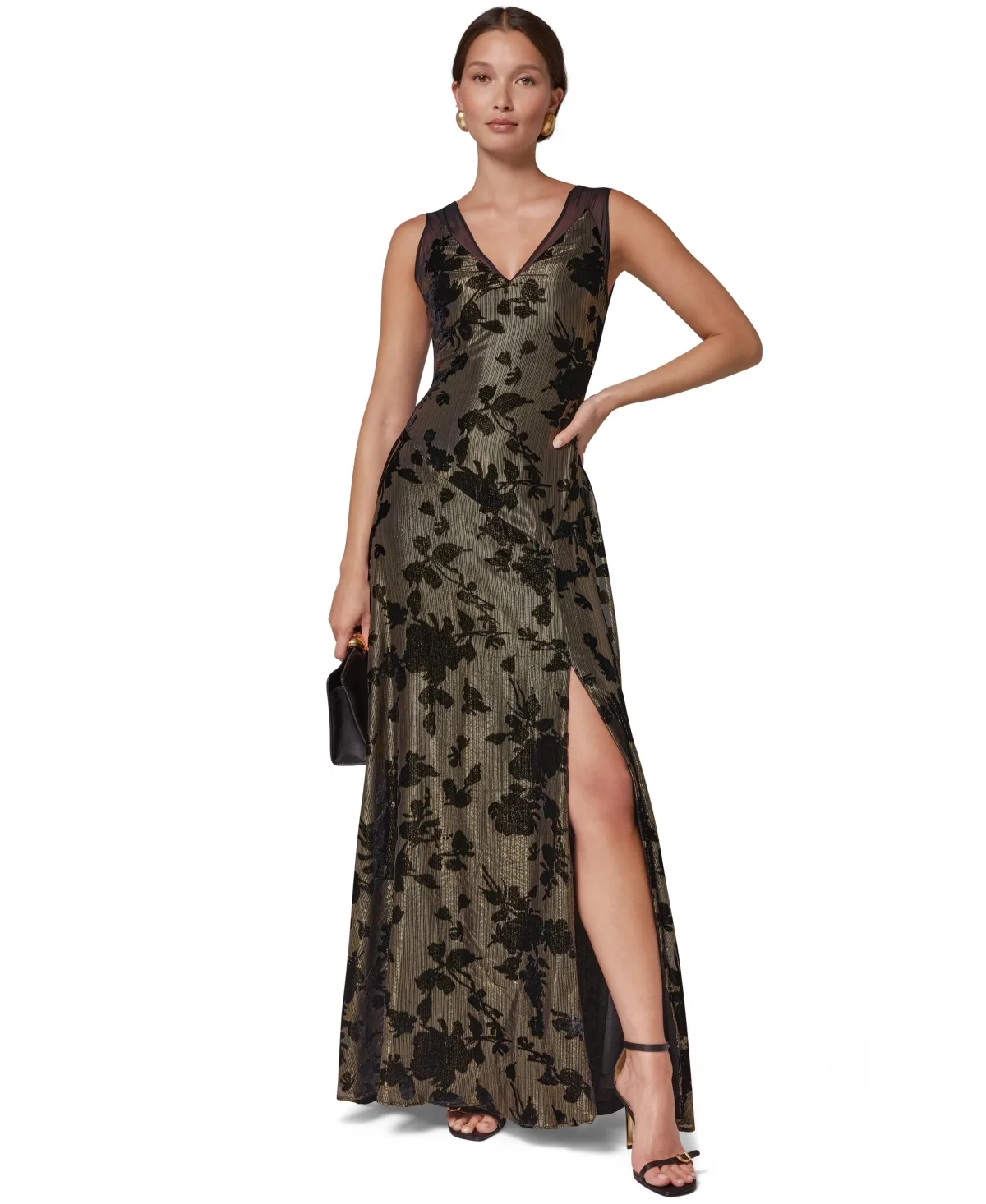 Metallic Velvet Burnout Floral V-Neck Maxi Dress by Donna Karan New York