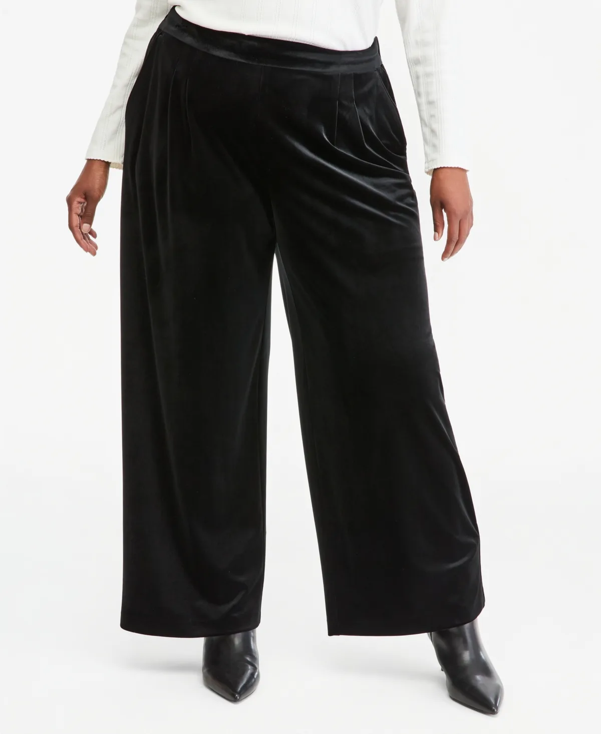 High-Rise Pleated Wide-Leg Velvet Pants by On 34th