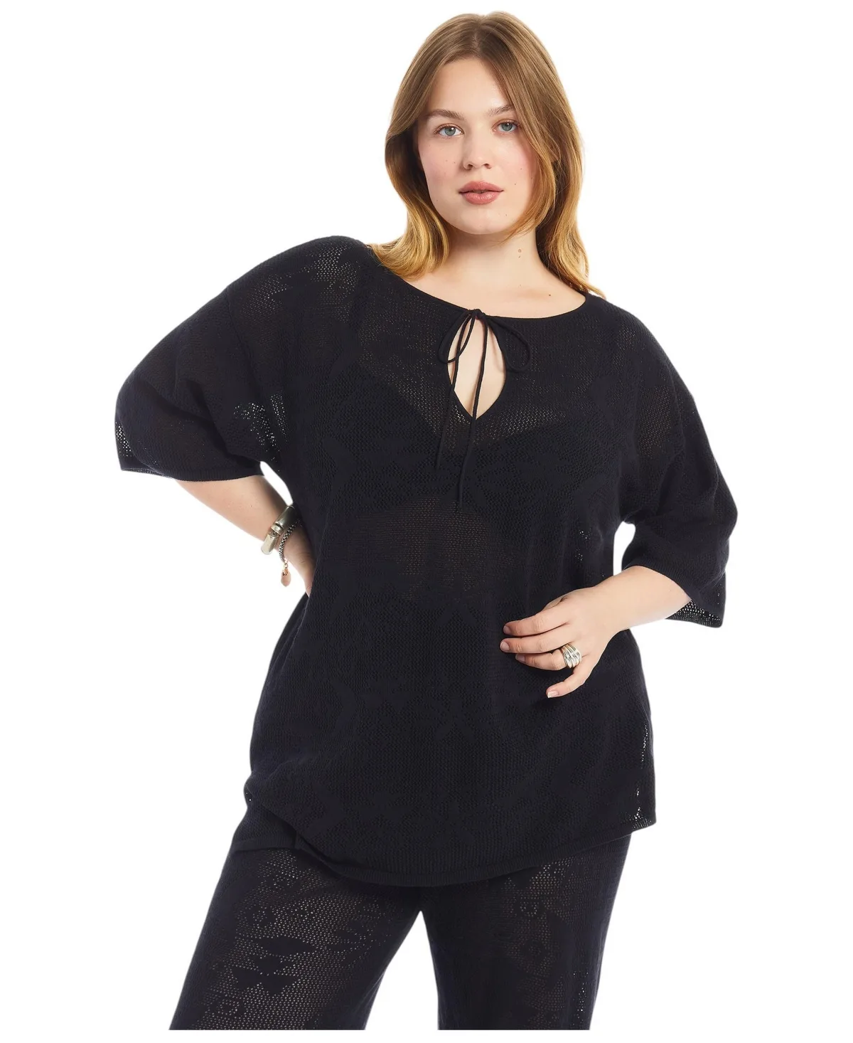 Tie-Neck Jacquard Knit Open-Stitch Tunic by June & Vie