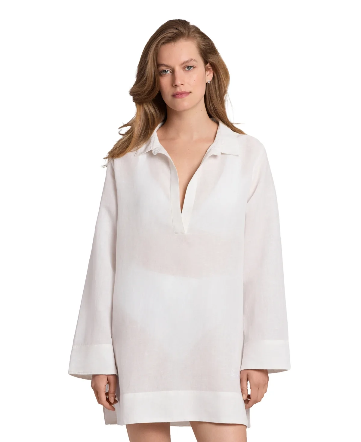 Lauren Ralph Lauren V-Neck Three-Quarter-Length-Sleeve Linen-Blend Tunic Cover-Up by Ralph Lauren