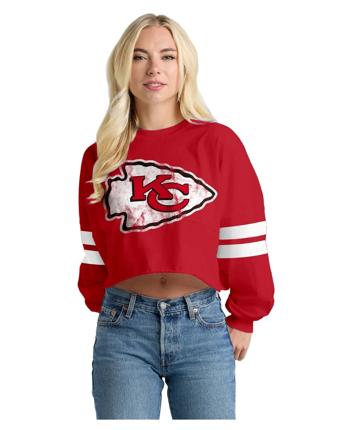 Kansas City Chiefs Oversized Cropped Stripe Long Sleeve T-Shirt by Spirit Jersey
