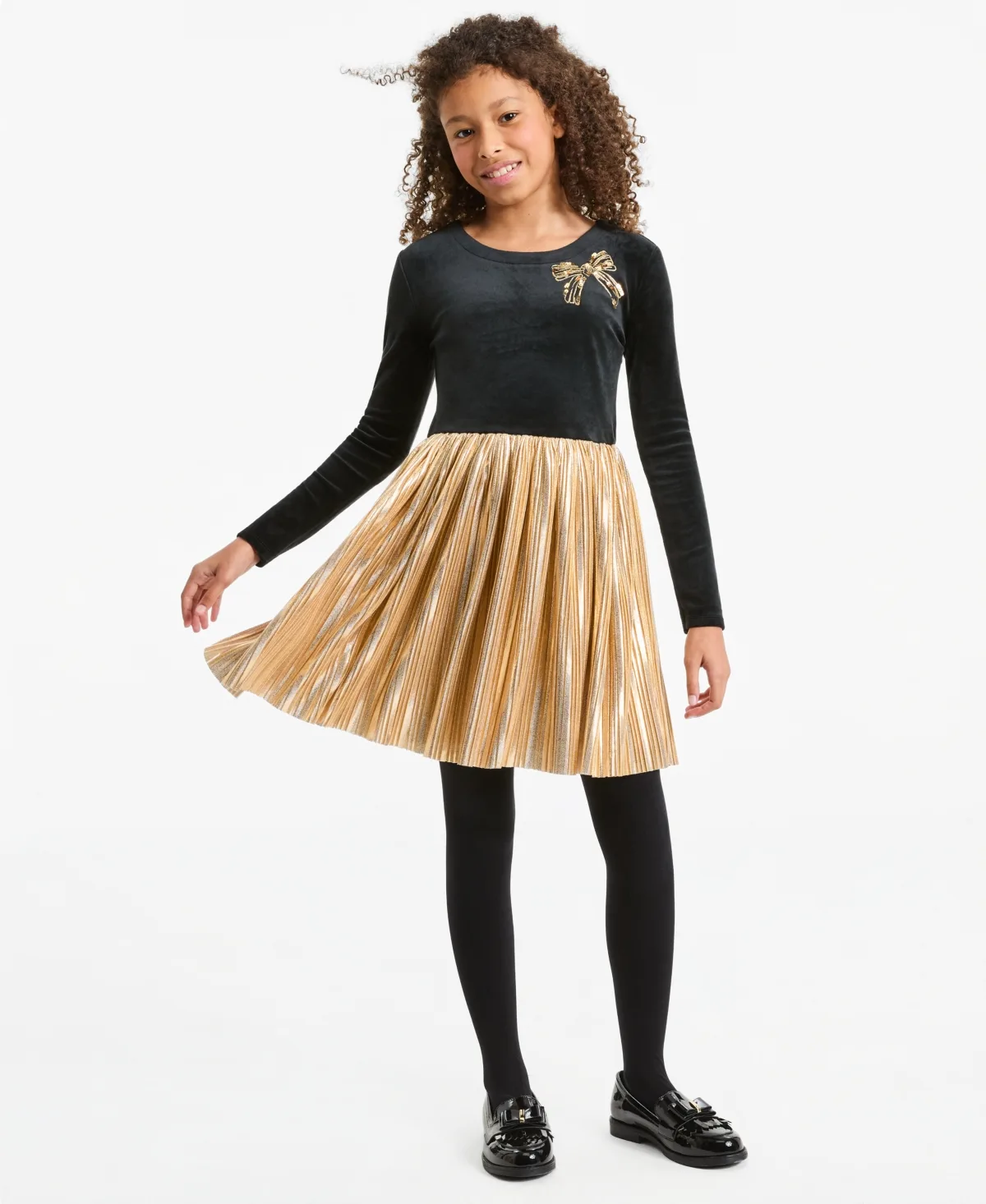 Metallic Plisse Long-Sleeve Dress by Epic Threads