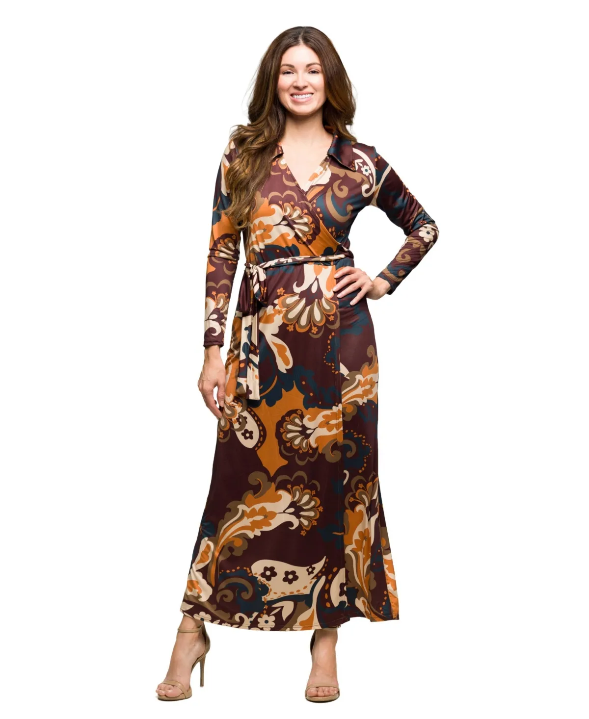Long-Sleeve V-Neck Wrap Maxi Dress by 24seven Comfort Apparel